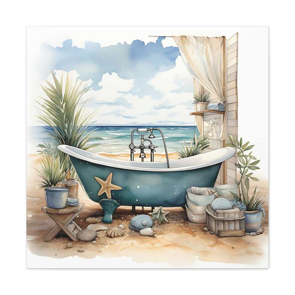 Thumbnail: Beachy Bathroom Canvas Art Clawfoot Tub Sea Shells Beach Decor Watercolor Print
