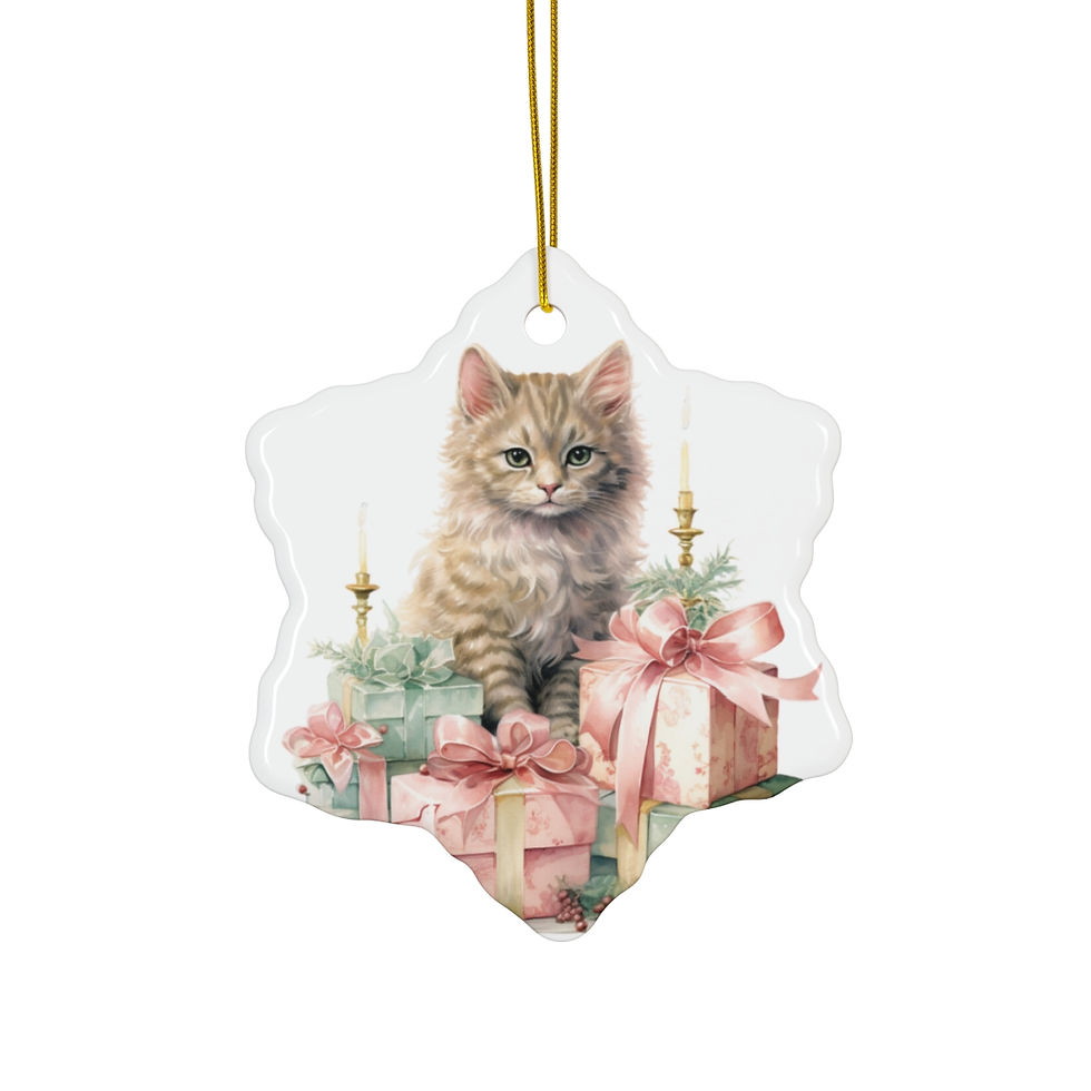 Thumbnail: Shabby Kitten Christmas Ornament Pastel Cottage Pink Roses Victorian Cat Gift