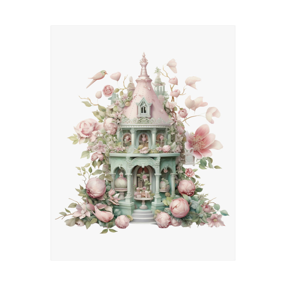 Thumbnail: Shabby Chic Wall Decor Victorian House Art Print Bird & Pink roses