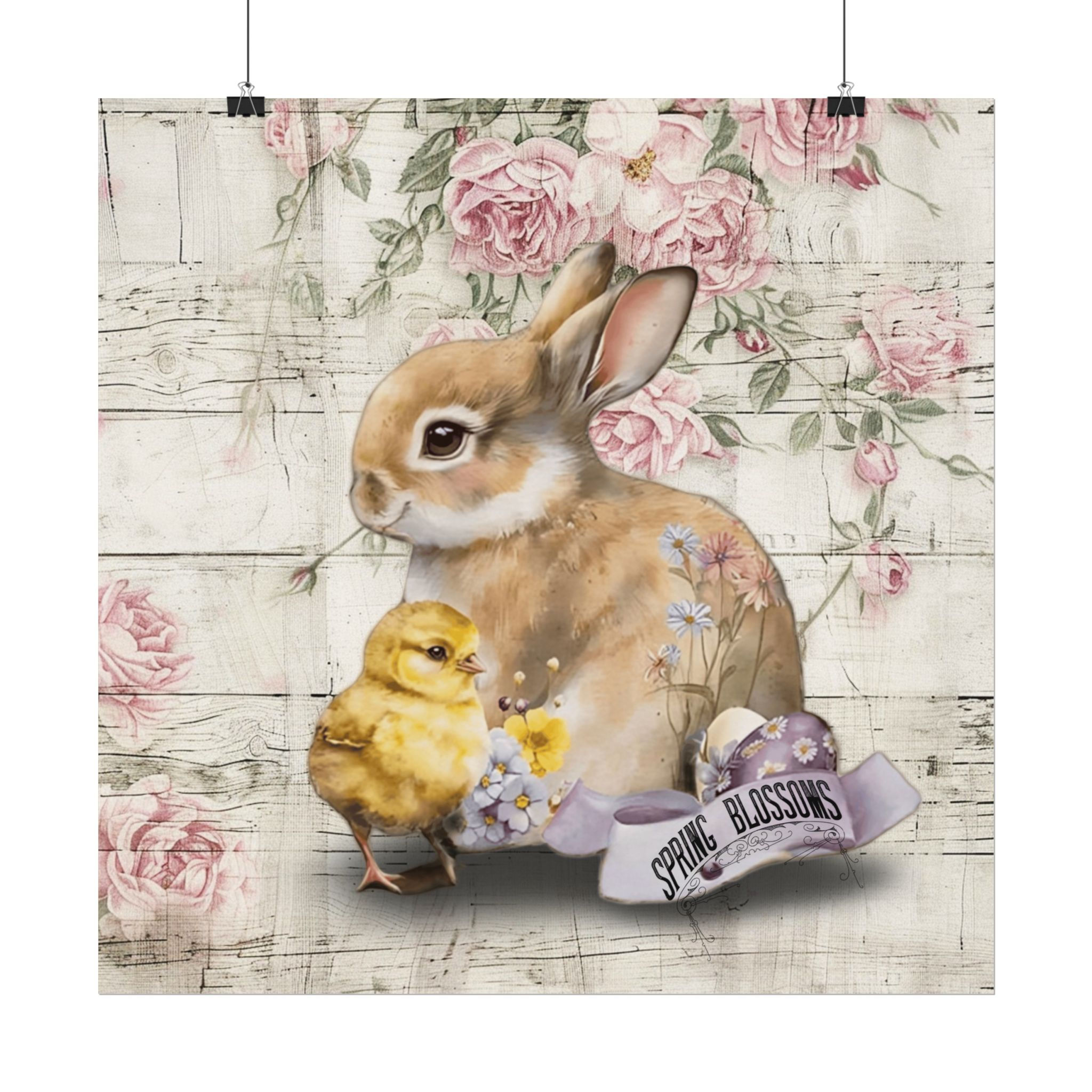 Shabby Rabbit Art Print Bunny Baby Chick French Country Pink Roses Spring decor