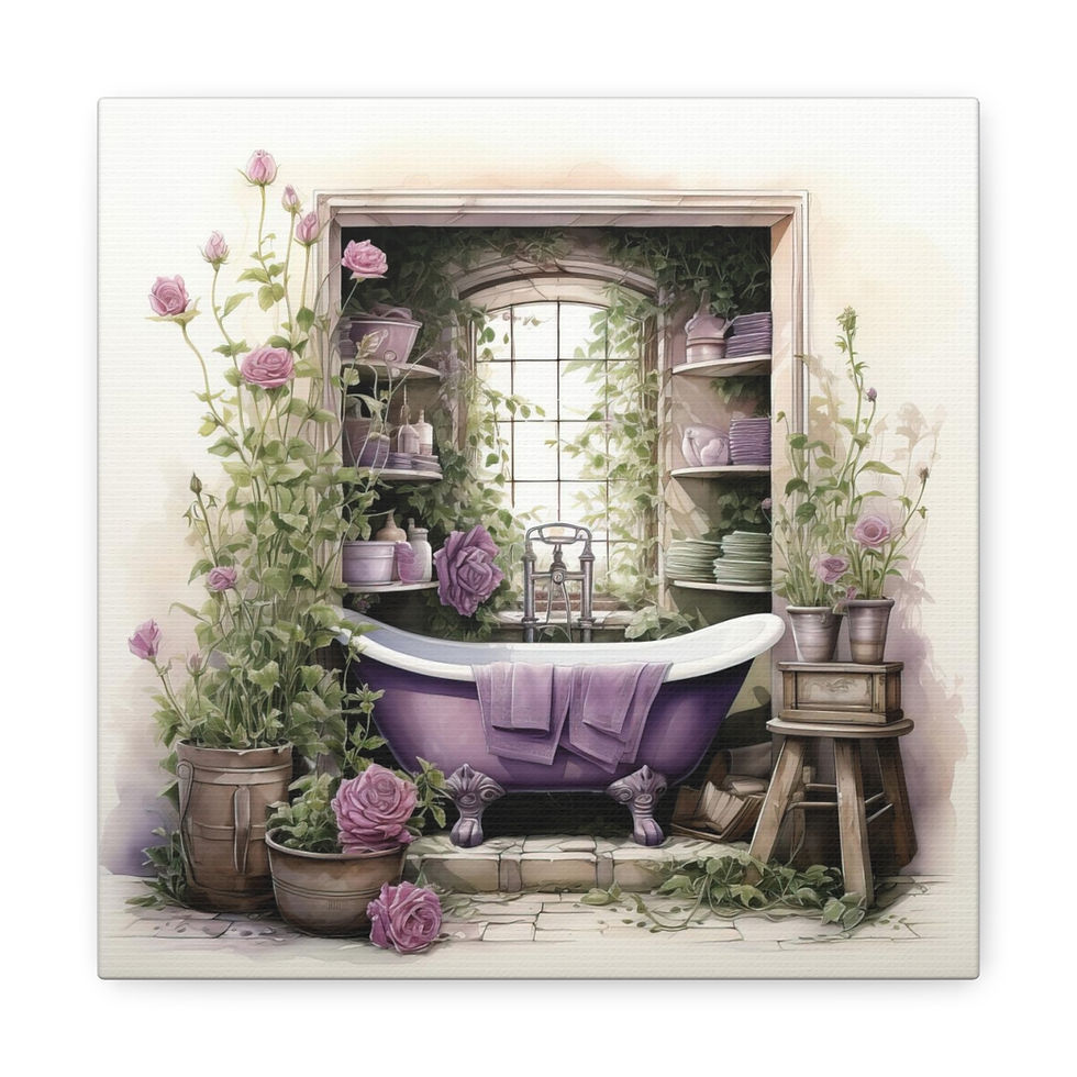 Thumbnail: Vintage Bathroom Art Victorian Tub Purple Roses French Country Canvas Print
