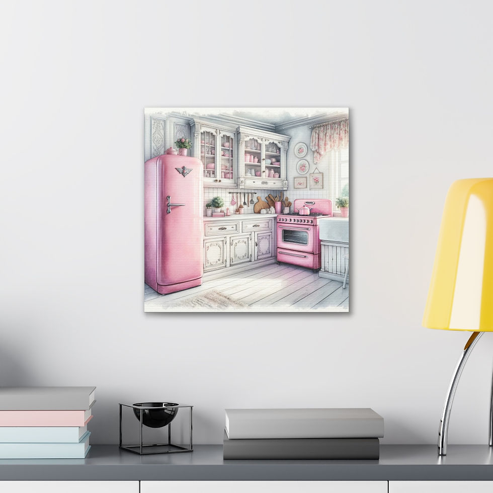 Thumbnail: Pink Retro Kitchen Art Shabby Cottage Farmhouse Kitchen Art Canvas Wall decor