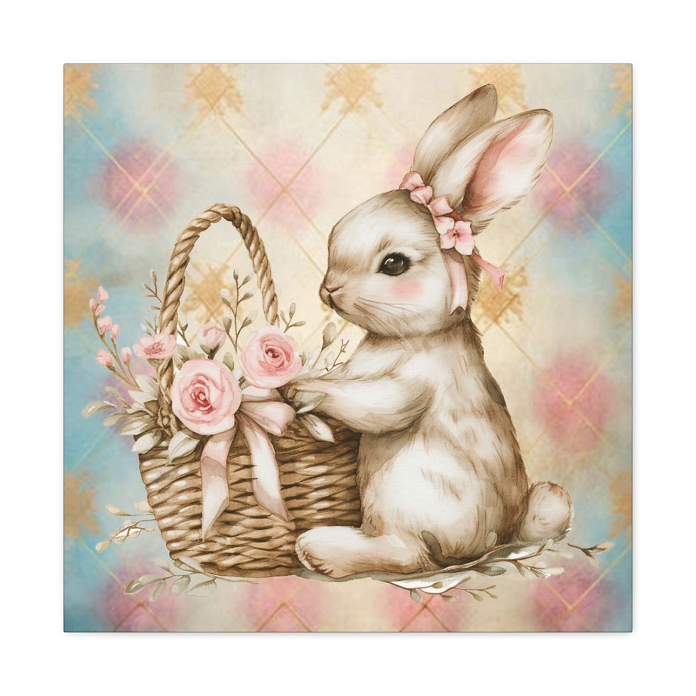 Thumbnail: Shabby Chic Spring Canvas Art Pink Roses Sweetest Bunny Vintage Cottage Decor