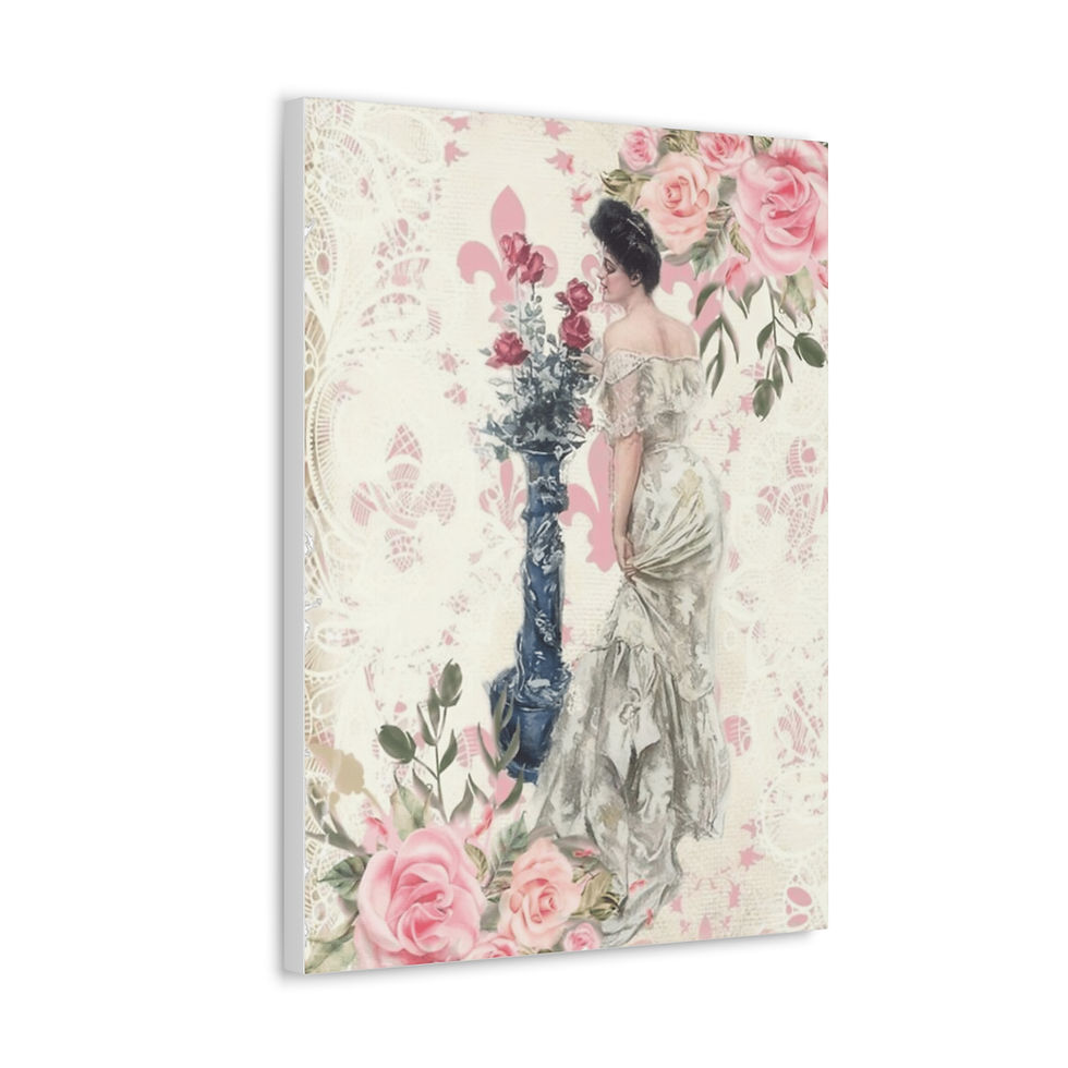 Thumbnail: Shabby French Cottage Art Canvas Beautiful Woman Canvas Print Pink roses