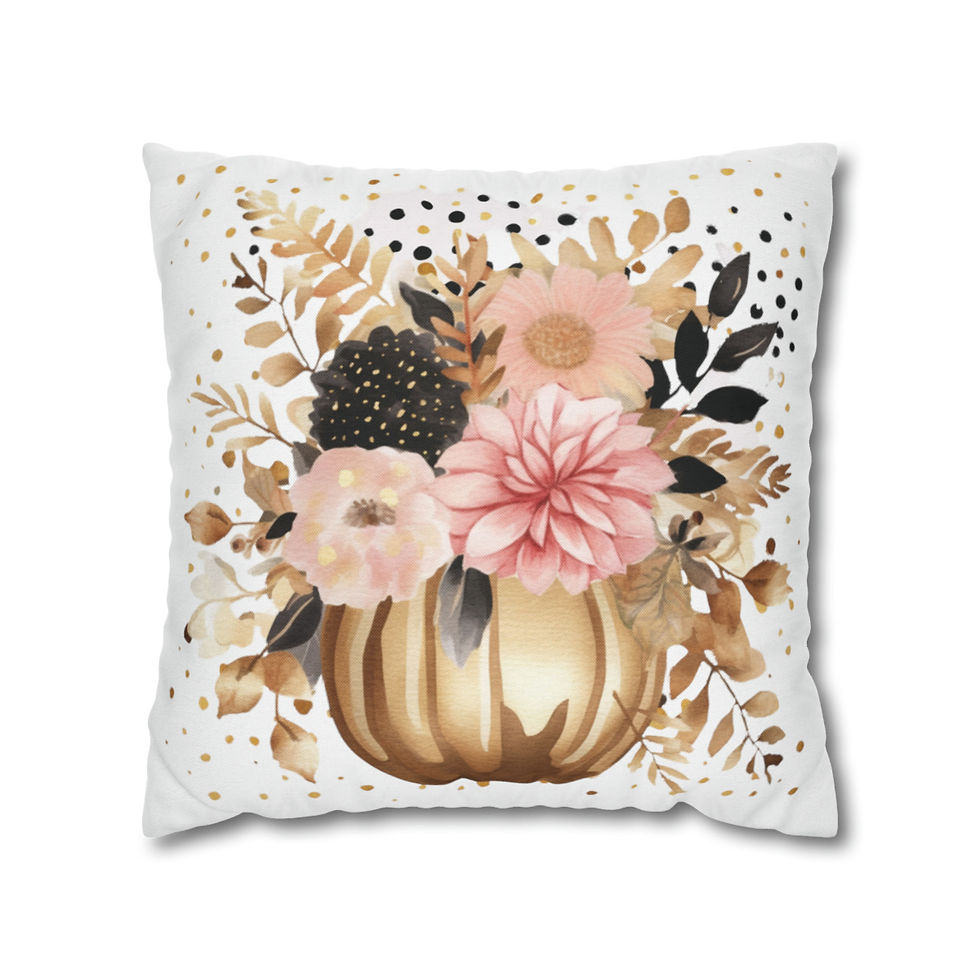 Thumbnail: Artistic Autumn Square Pillow cover Gold Pumpkin Pink Flowers Throw Pillow case