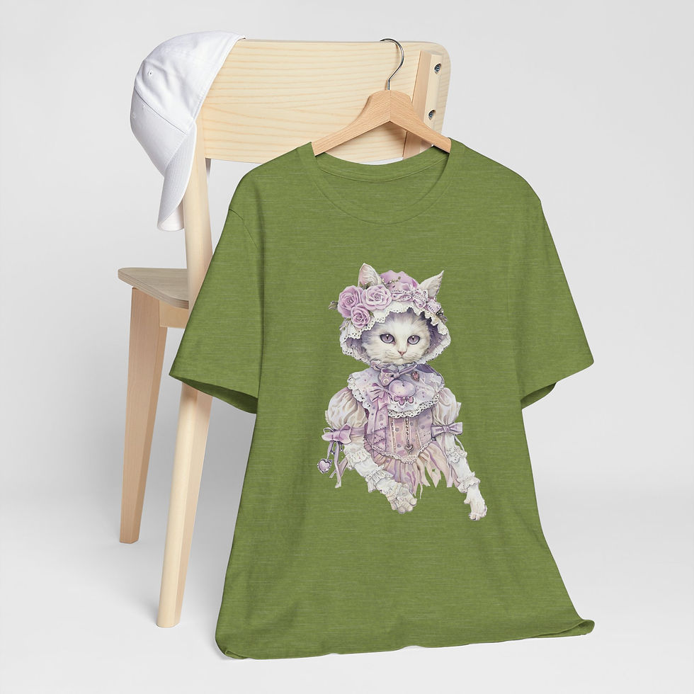 Thumbnail: Victorian White Cat Art T-Shirt Shabby Roses Bonnet Hat Artistic Cat Lover Gift
