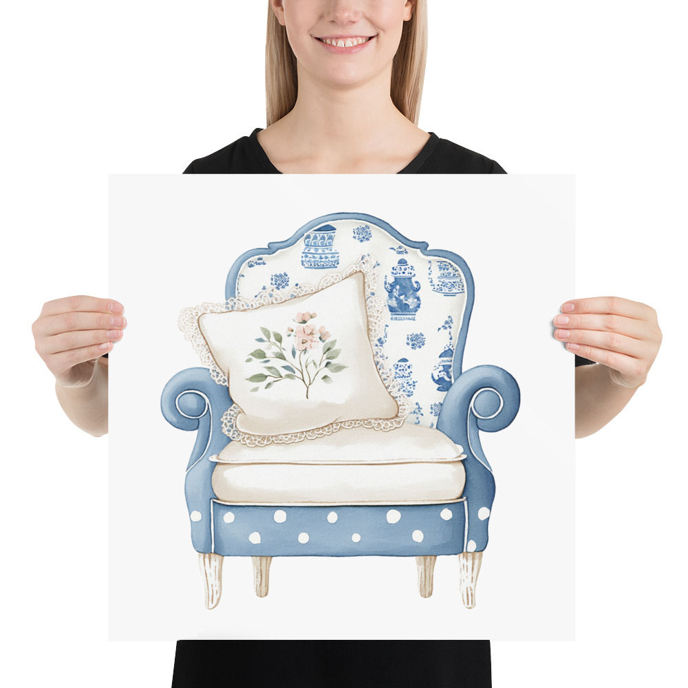 French Country Decor, Blue and White Watercolor Art Print, Cozy Chair