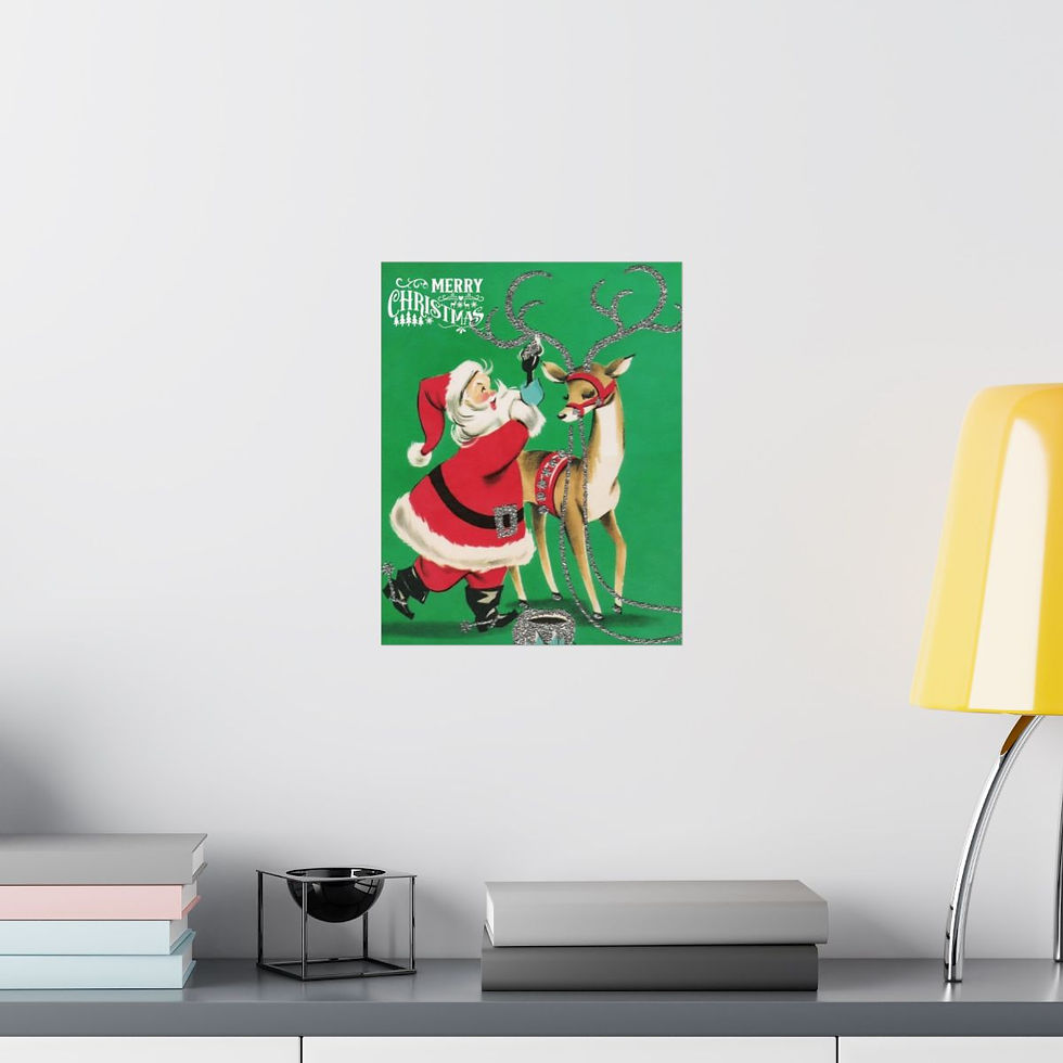 Thumbnail: Vintage Christmas Art Print Santa Claus and Reindeer Retro Holiday Decor 