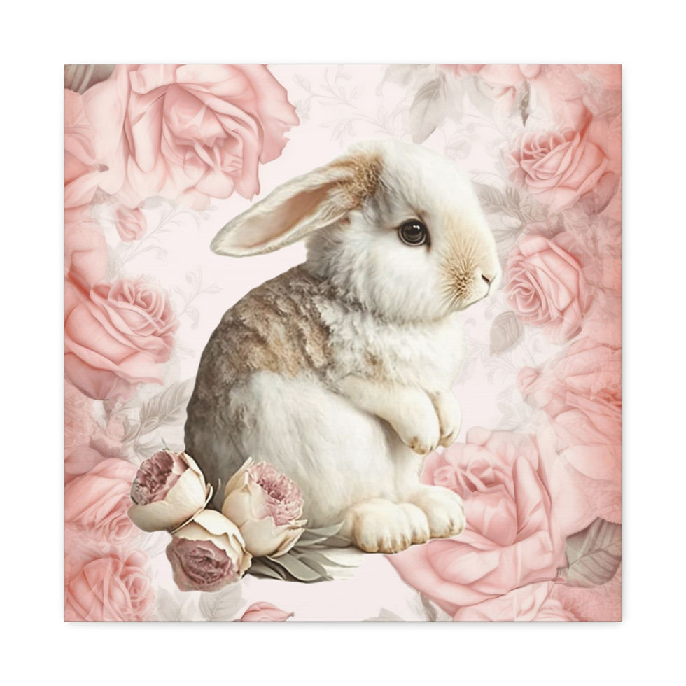 Thumbnail: Shabby Chic Decor Canvas Art Pink Roses Bunny Rabbit French Country Print 