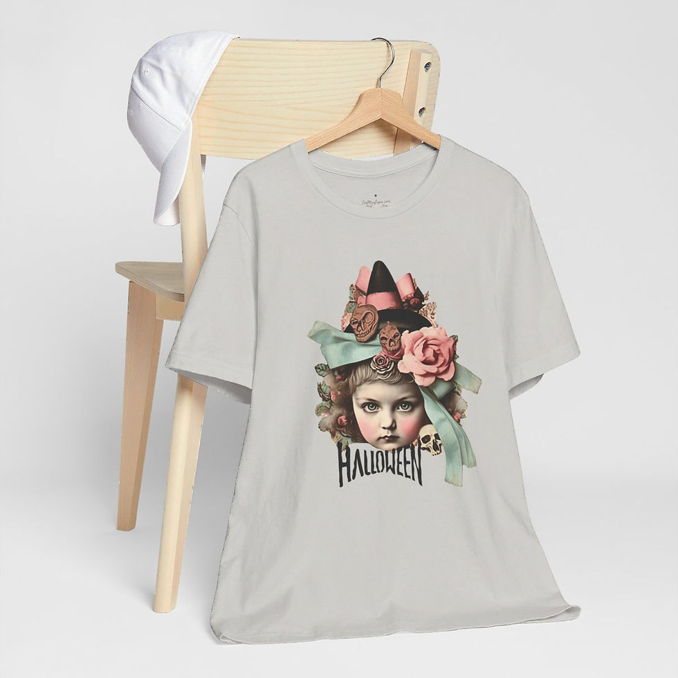 Thumbnail: Halloween T-Shirt Creepy Girl Witch Pink Roses Art Tee Trendy Apparel