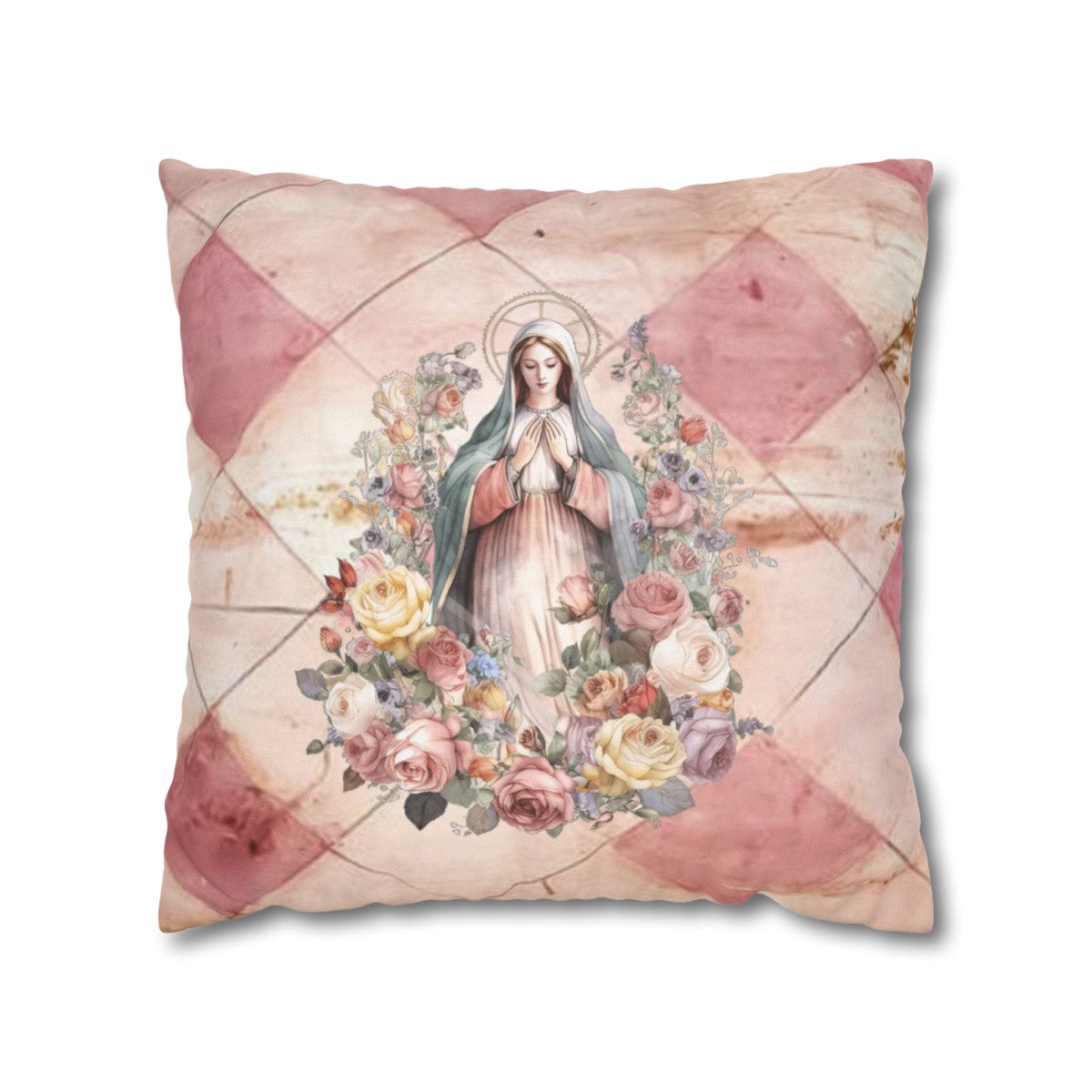 Pink Distressed Virgin Mary Roses Throw Pillow cover Religious Gifts Home Decor 