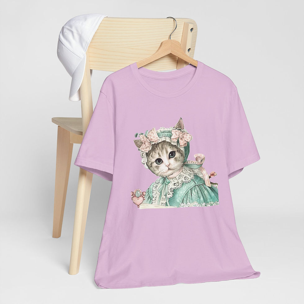 Thumbnail: Victorian Cat Art T-Shirt Shabby Mint & Pink Hat Roses Artistic Cat Lover Gift