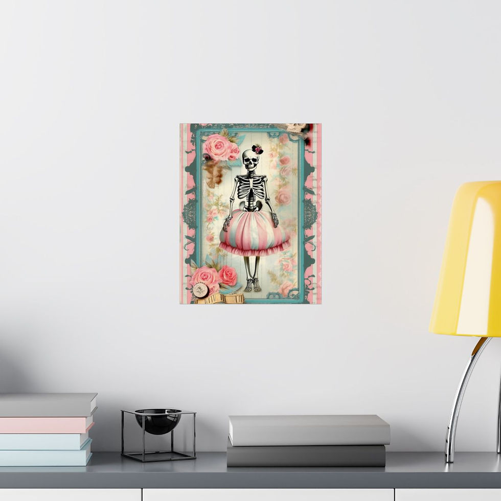 Thumbnail: Shabby Halloween Art Print Pastel Skeleton Pink Roses Distressed Giclee Wall Art