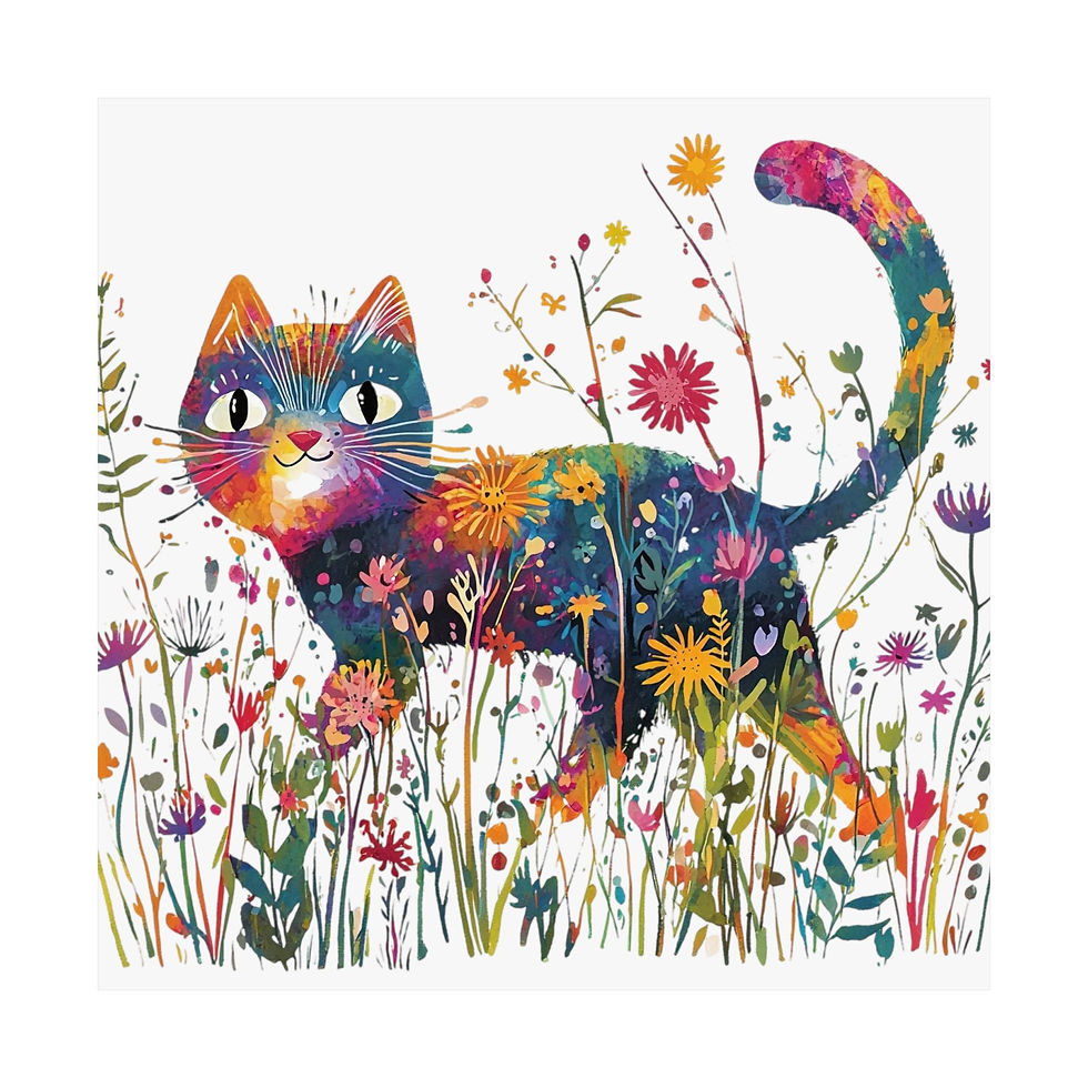 Thumbnail: Cat Art Print - Hippie Kitten in Flowers Boho Cat Lover gift Vibrant Wall Decor