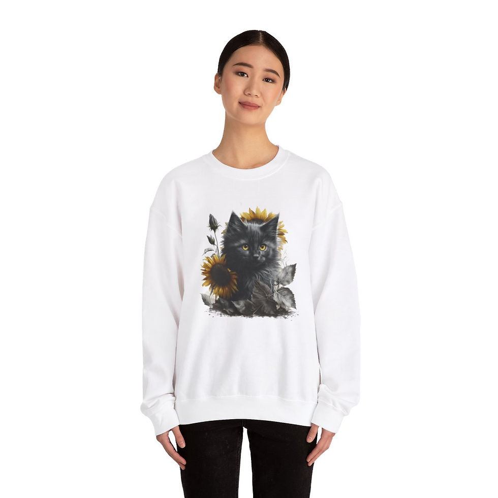 Sunflower BOHO Kitten Sweatshirt Wearable Art Black Cat Lover Gift Fall Apparel