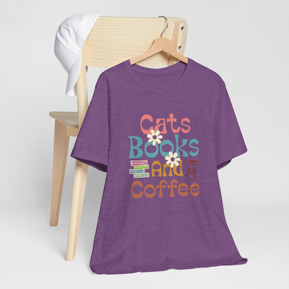 Thumbnail: Reading Theme T-Shirt Cats Book and Coffee Expressive Apparel Artistic Gifts