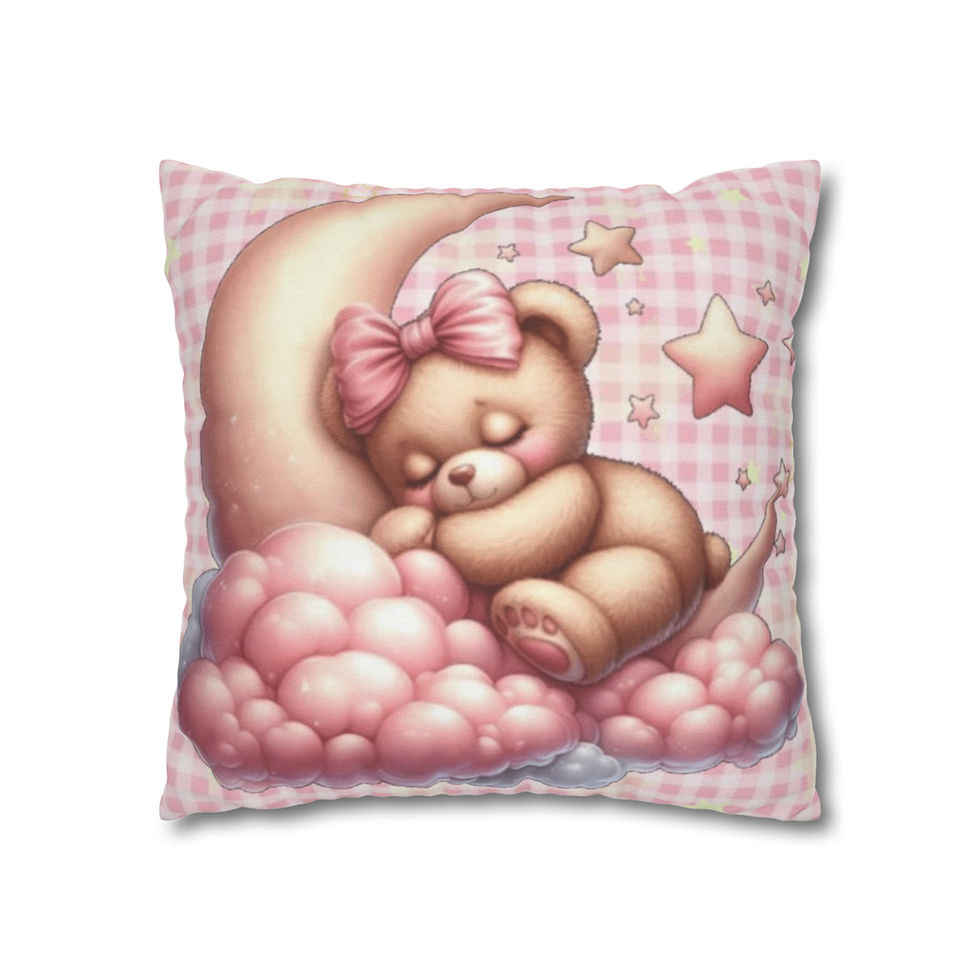 Thumbnail: Pink Artistic Nursery Décor Throw Pillow Sleepy Bear on Moon Stars