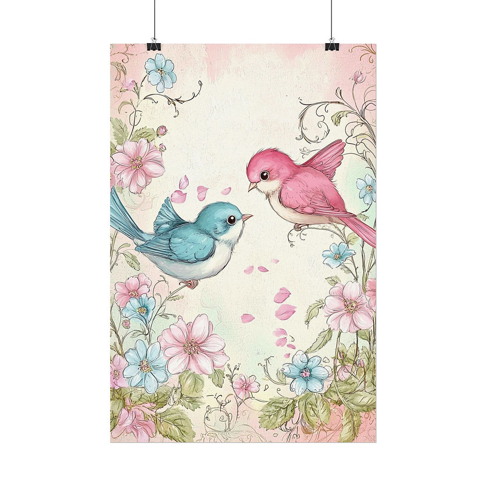 Thumbnail: Love Birds Watercolor Art Print Shabby French Country Decor Pastel Pink & Blue