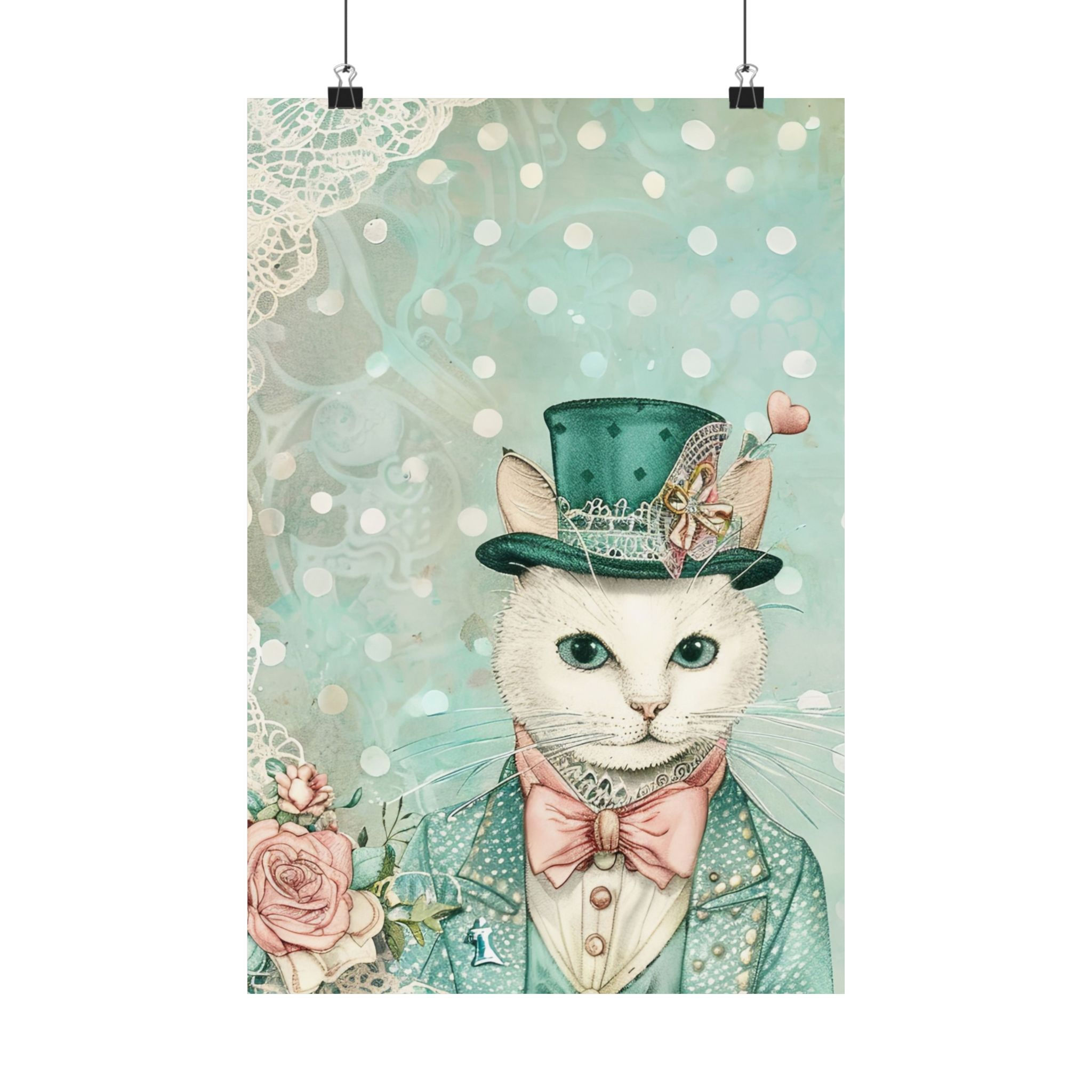Shabby Victorian Cat Art Print Male Cat Mint Pink Roses Top Hat Cat Lover Decor