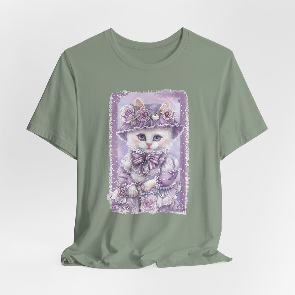 Thumbnail: Victorian White Cat Art T-Shirt Shabby Roses Bonnet Hat Artistic Cat Lover Gift