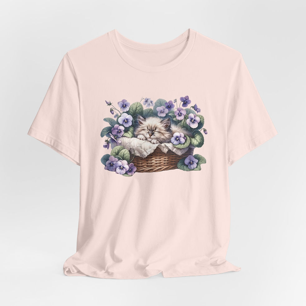 Thumbnail: Cat Lover Art T-Shirt Shabby Sleeping Kitten Purple Flowers Artistic gift