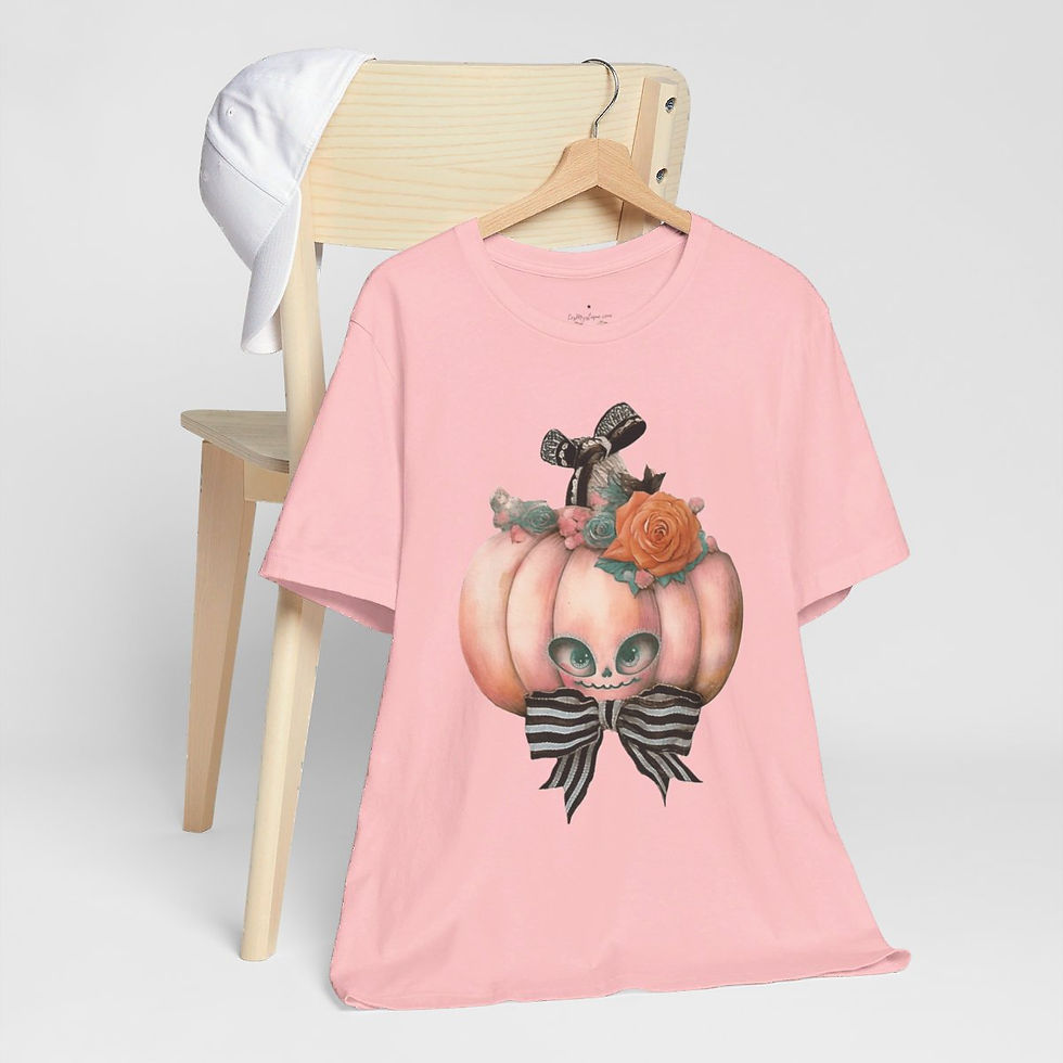 Thumbnail: Halloween T-Shirt Creepy Pumpkin Shabby Pink Roses Art Tee Trendy Apparel Gift