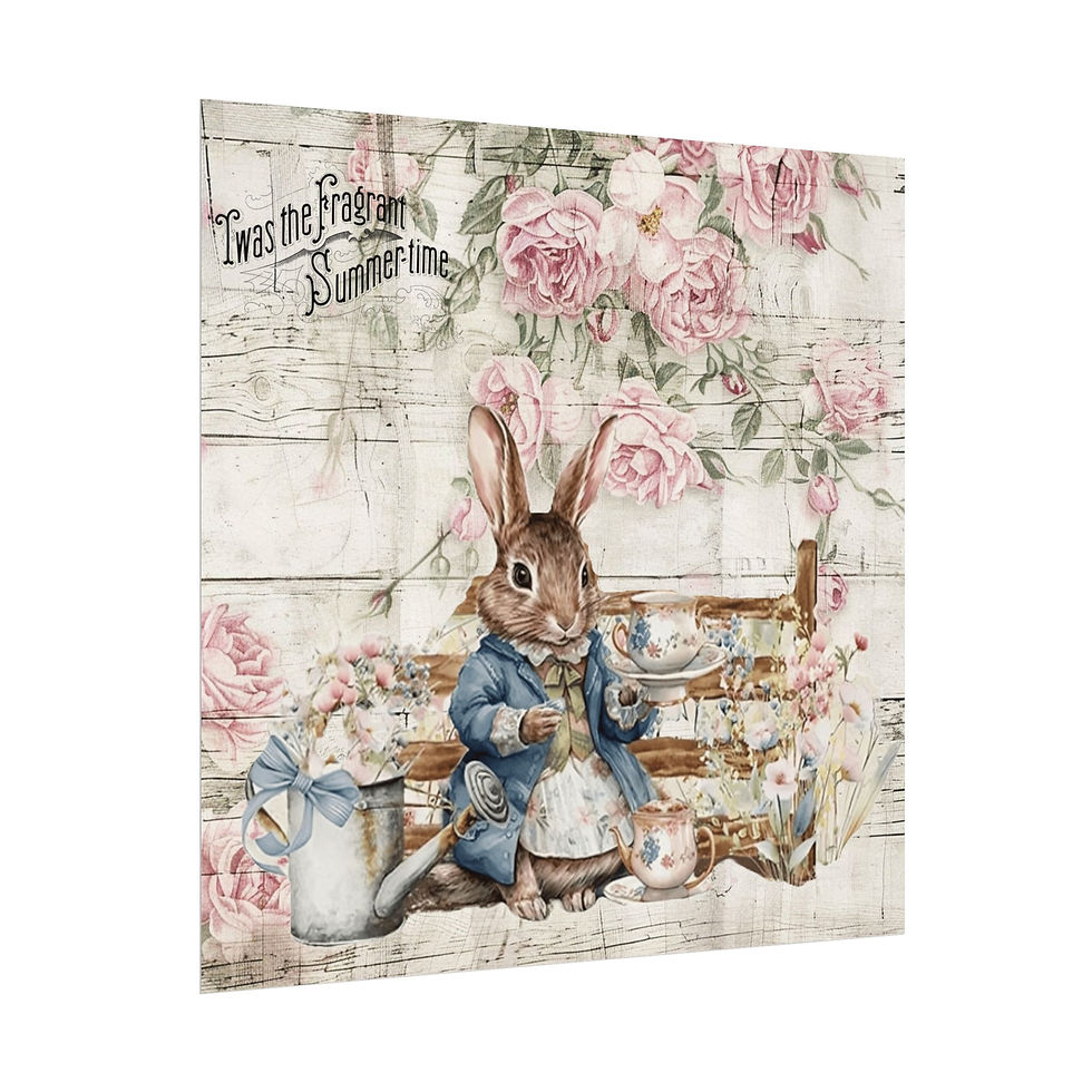 Thumbnail: Shabby Art Print Pastel Bunny Tea party Pink Roses French Country Cottage decor