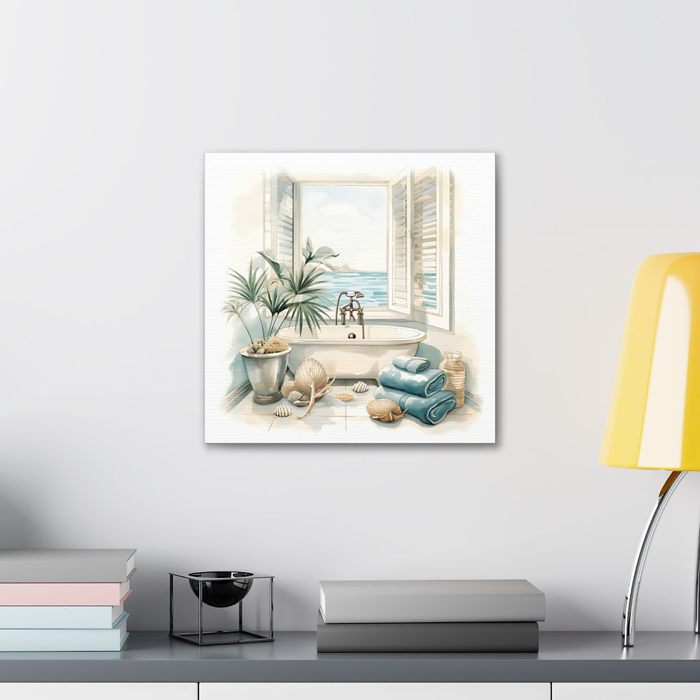 Thumbnail: Beachy Decor Bathroom Canvas Art Clawfoot Tub Sea Shells Beach Watercolor Print
