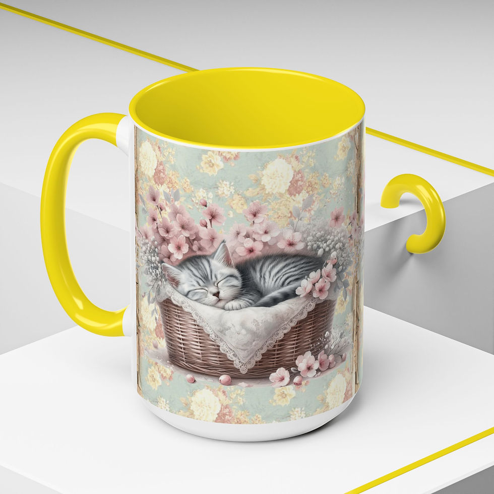 Thumbnail: Shabby Cat Lover Coffee Mug Sleeping Kitten Pink Flowers Chic Artistic Gift 