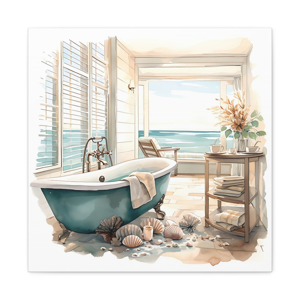 Thumbnail: Beachy Decor Bathroom Canvas Art Clawfoot Tub Ocean Beach Zen Watercolor Print