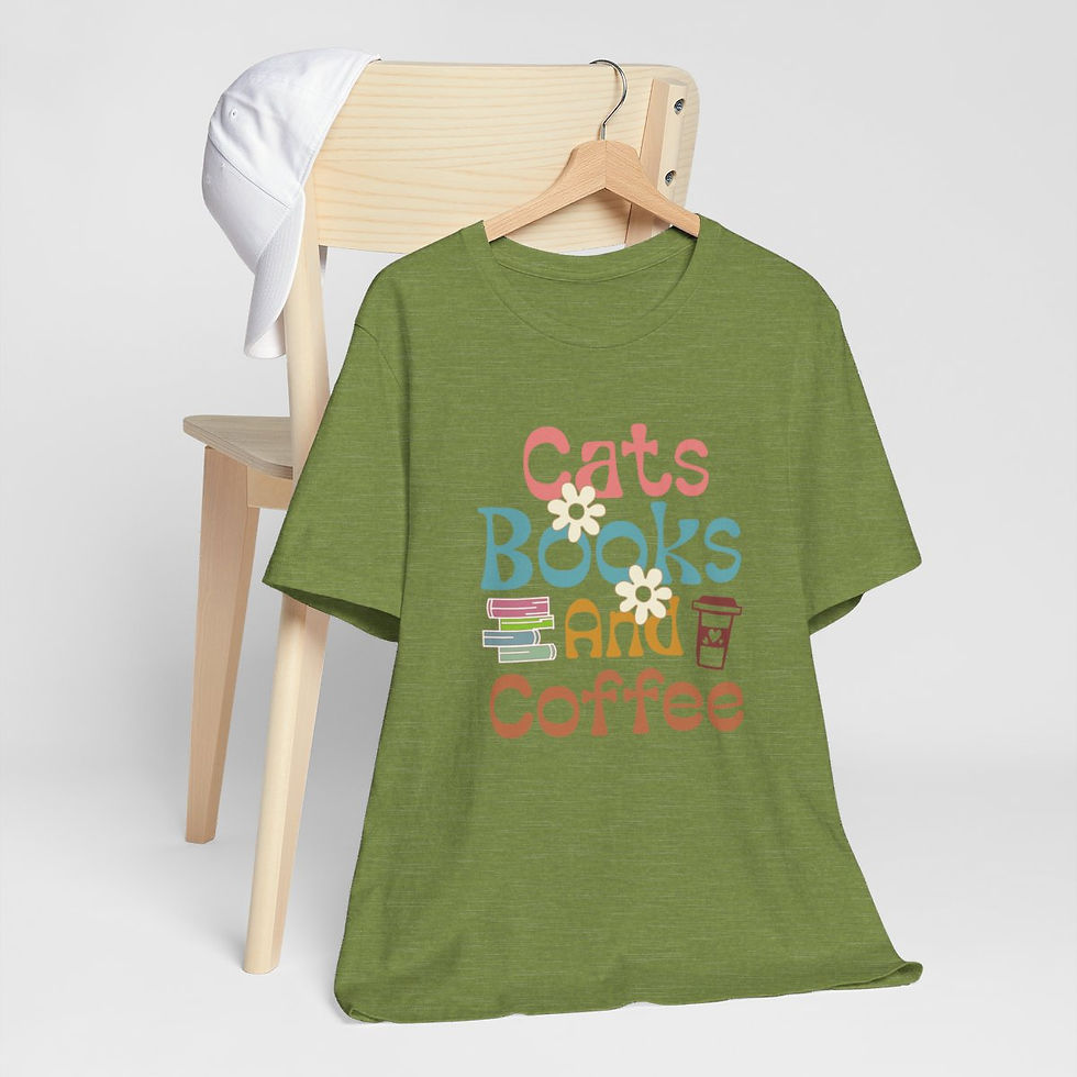 Thumbnail: Reading Theme T-Shirt Cats Book and Coffee Expressive Apparel Artistic Gifts