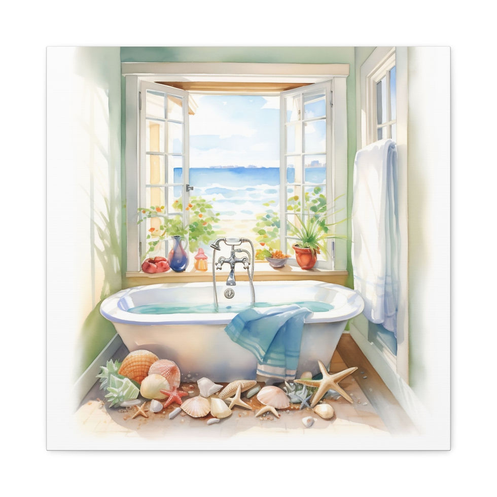 Thumbnail: Beachy Decor Bathroom Canvas Art Clawfoot Tub Ocean Beach Zen Watercolor Print