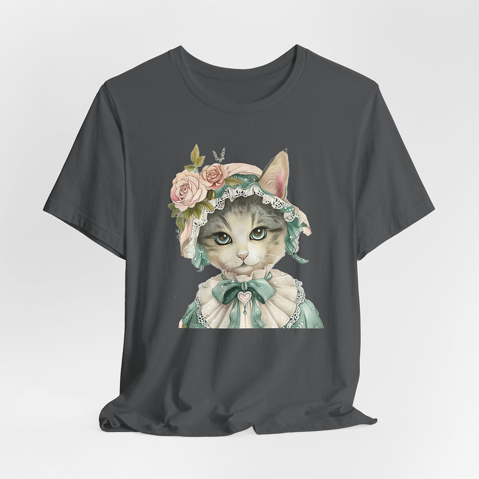 Thumbnail: Victorian Cat Art T-Shirt Shabby Mint & Pink Hat Roses Artistic Cat Lover Gift
