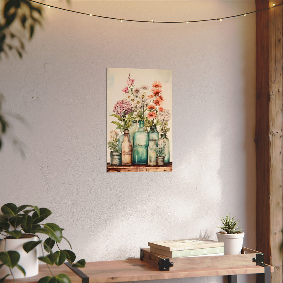 Thumbnail: Watercolor Print Flowers in Jars Bottles Decor French Country Wall Hanging