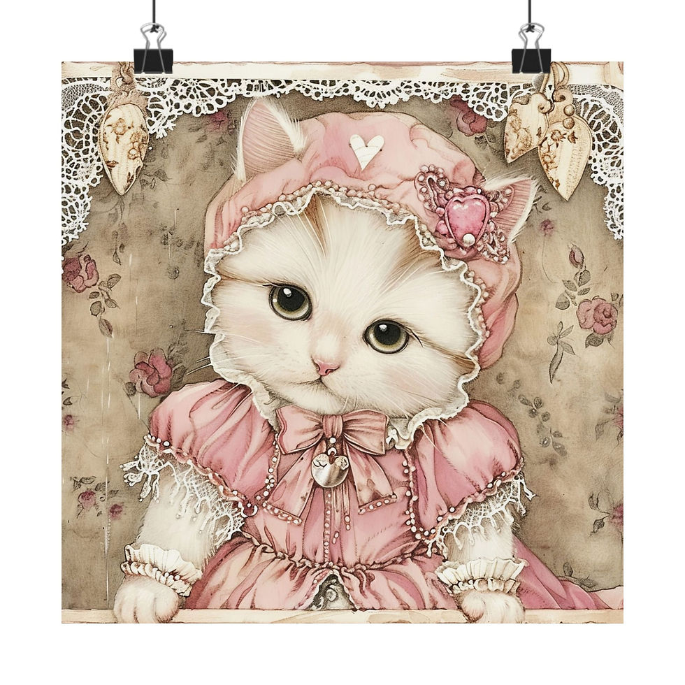 Thumbnail: Shabby Cat Art Print - Victorian Kitten in Bonnet Pink Cat Lover gift Wall Decor
