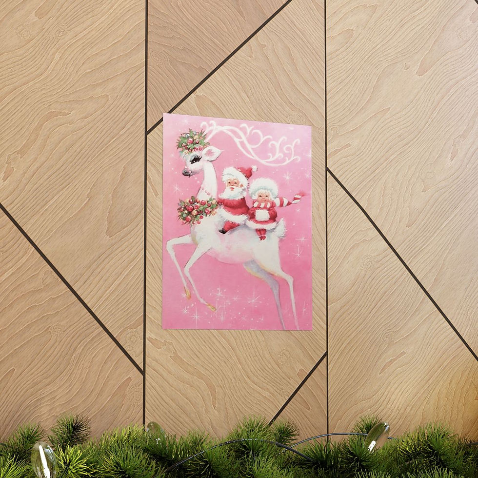 Thumbnail: Retro Pink Reindeer & Santa Christmas Art Print Vintage Mr and Mrs Claus