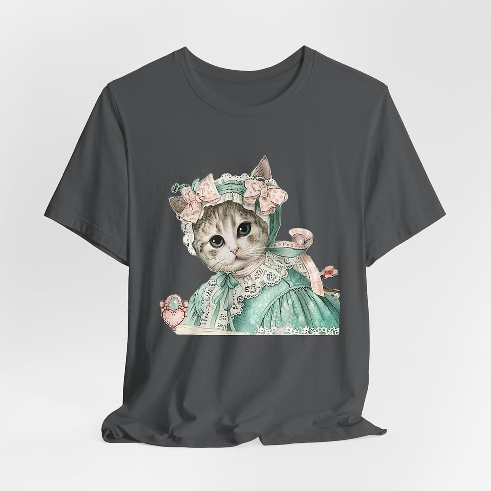 Thumbnail: Victorian Cat Art T-Shirt Shabby Mint & Pink Hat Roses Artistic Cat Lover Gift