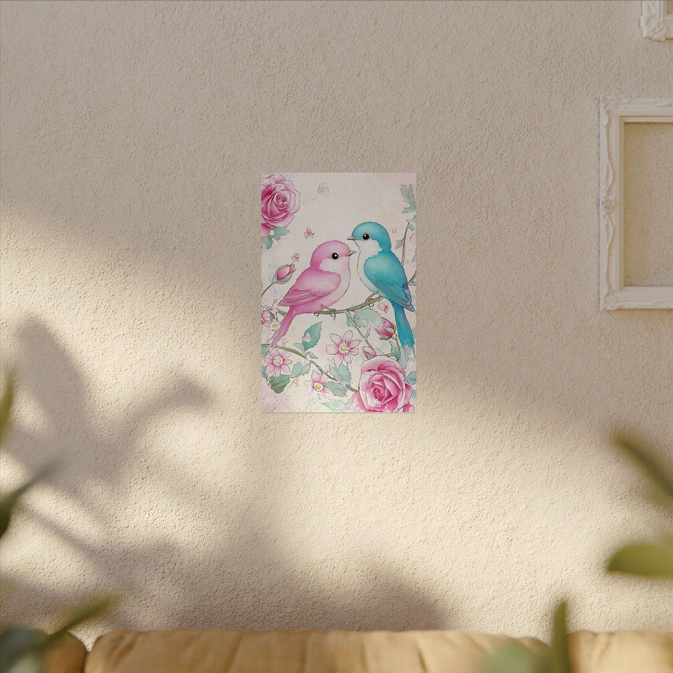 Thumbnail: Love Birds Watercolor Art Print Shabby Pink Roses French Country Bird Decor