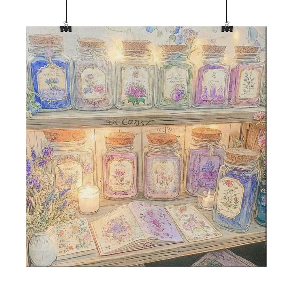 Thumbnail: Watercolor Art Print Books Bottles Flowers French Country Shabby Cottage decor