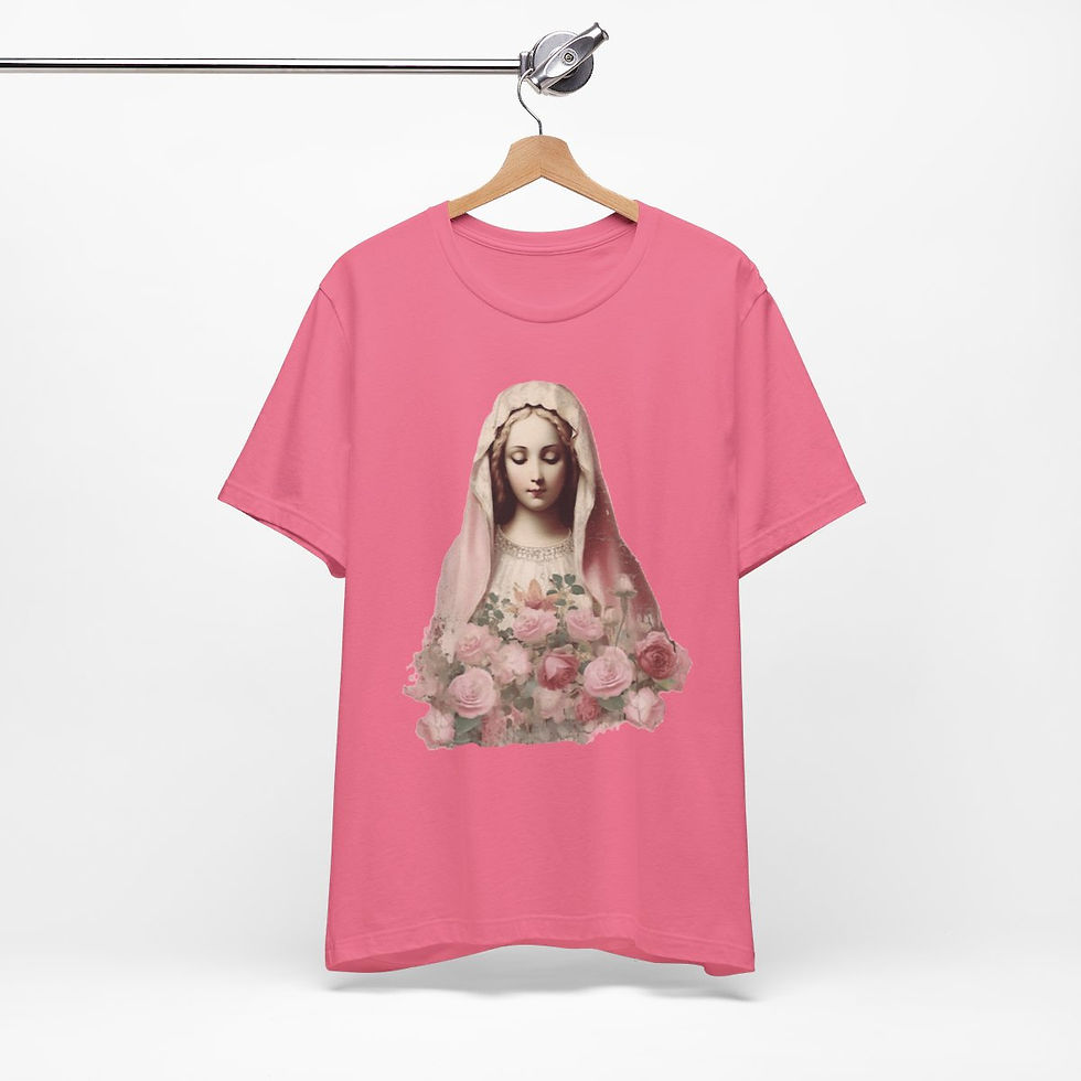 Thumbnail: Virgin Mary T-Shirt Shabby Pink Roses Ave Maria Art Tee Catholic Faith Gifts