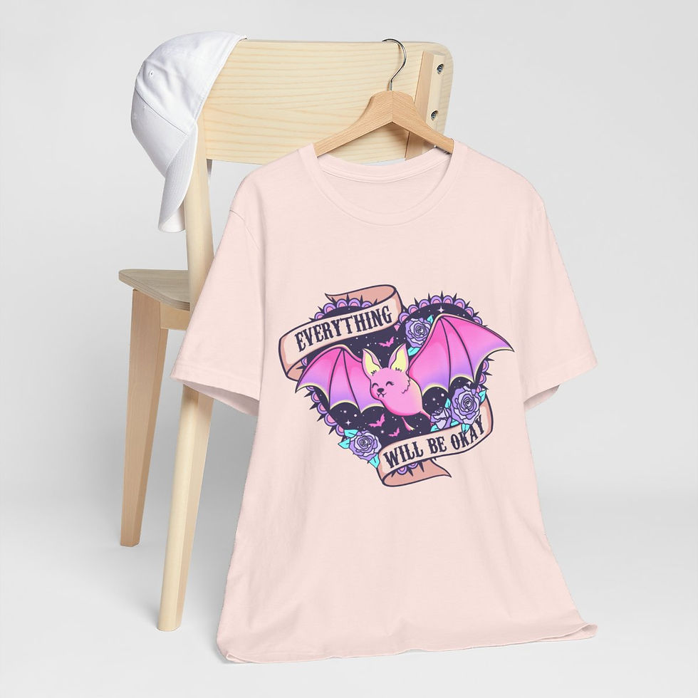 Thumbnail: Fun T-Shirt Everything Will Be Okay Pink Bat Art Tee Retro Apparel Artistic Gift