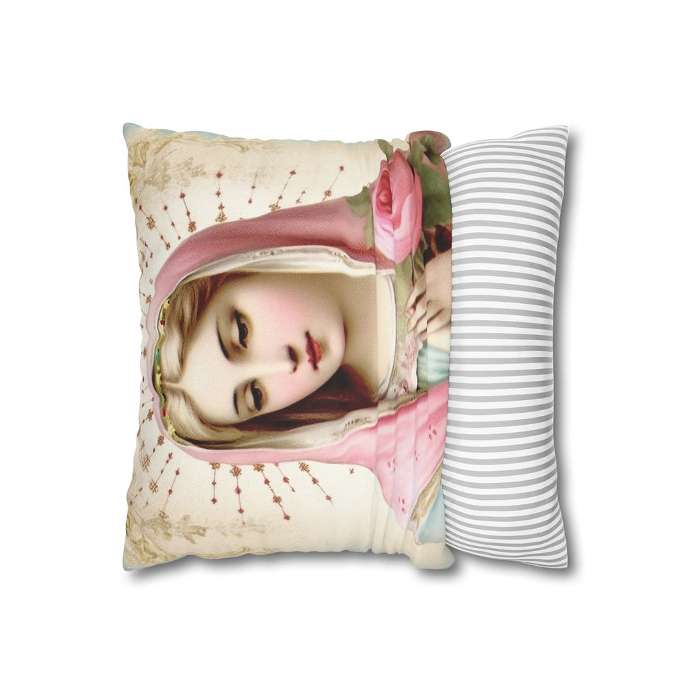 Thumbnail: Shabby Chic Virgin Mary Throw Pillow cover Pink Roses Pastel Art Faith Decor