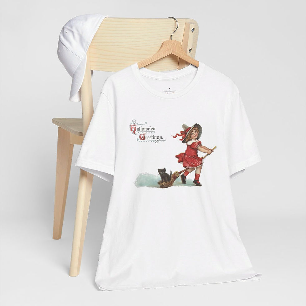 Thumbnail: Vintage Halloween T-Shirt Witch On Broom Black Cat Cute Art Tee Trendy Apparel
