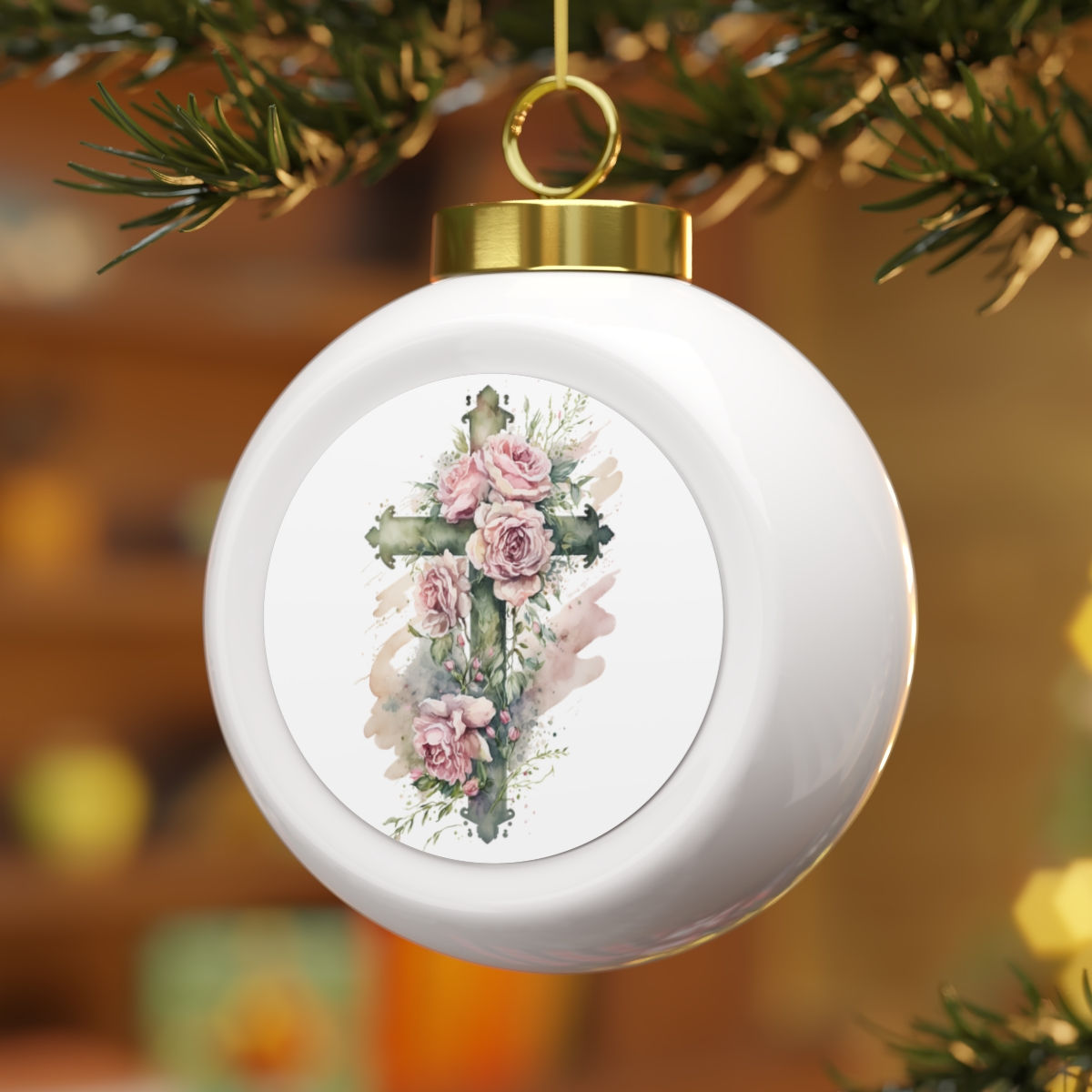 Floral Cross Ornament Roses Christmas Ball Ornament Ceramic Holiday Decor 