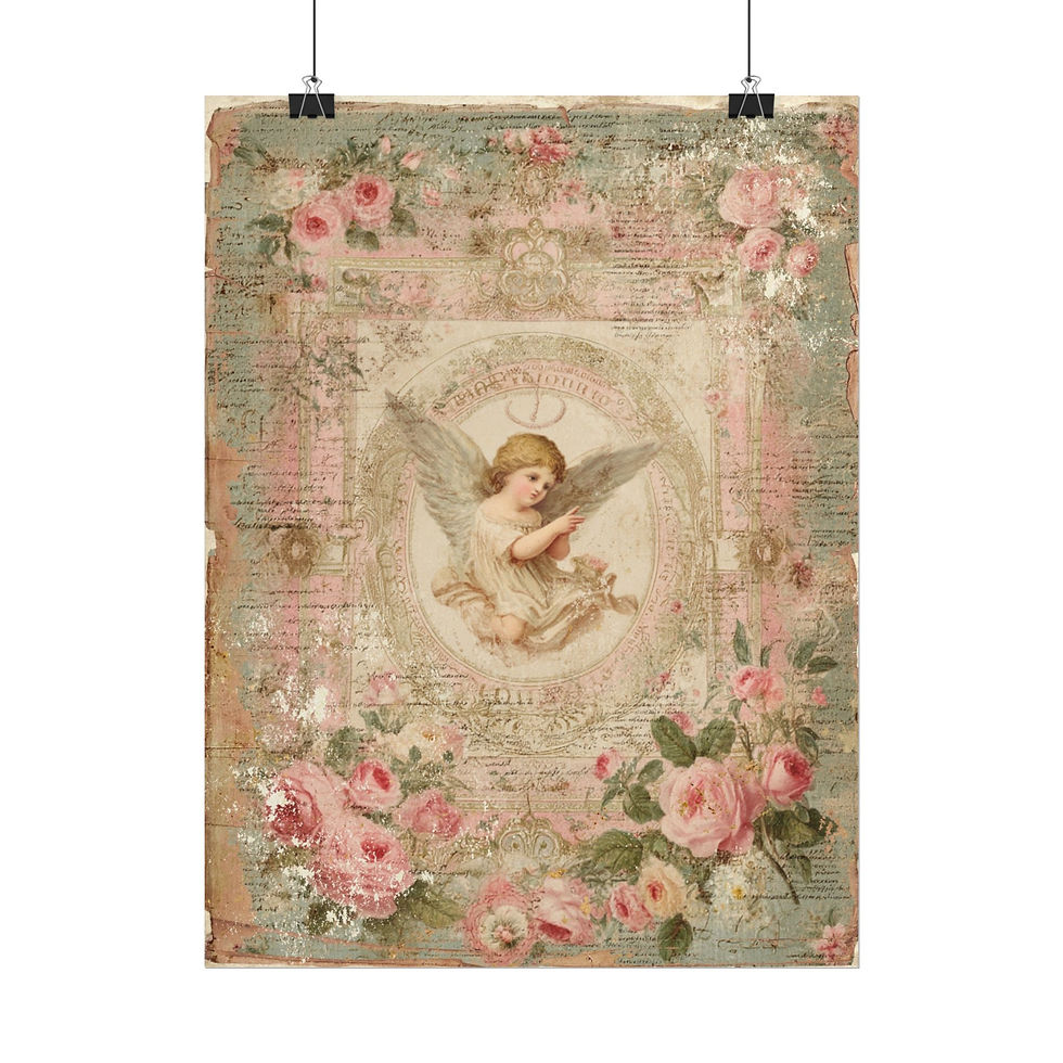 Thumbnail: Victorian Cherub & Pink Roses Art Print - Romantic Shabby Vintage Pastel Decor