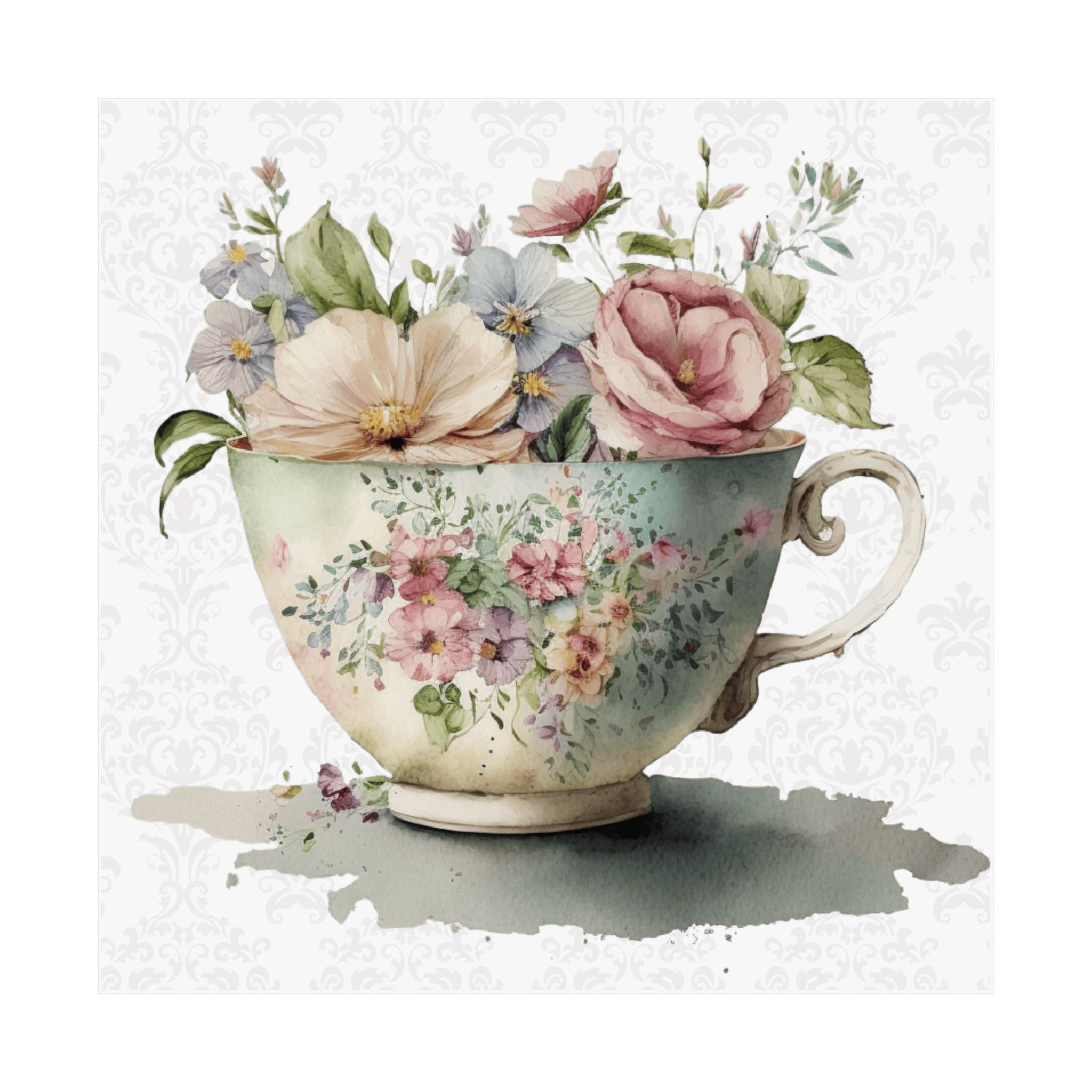 Shabby Tea Art Print Pastel Pink Victorian Roses & Teacup Kitchen Wall Decor