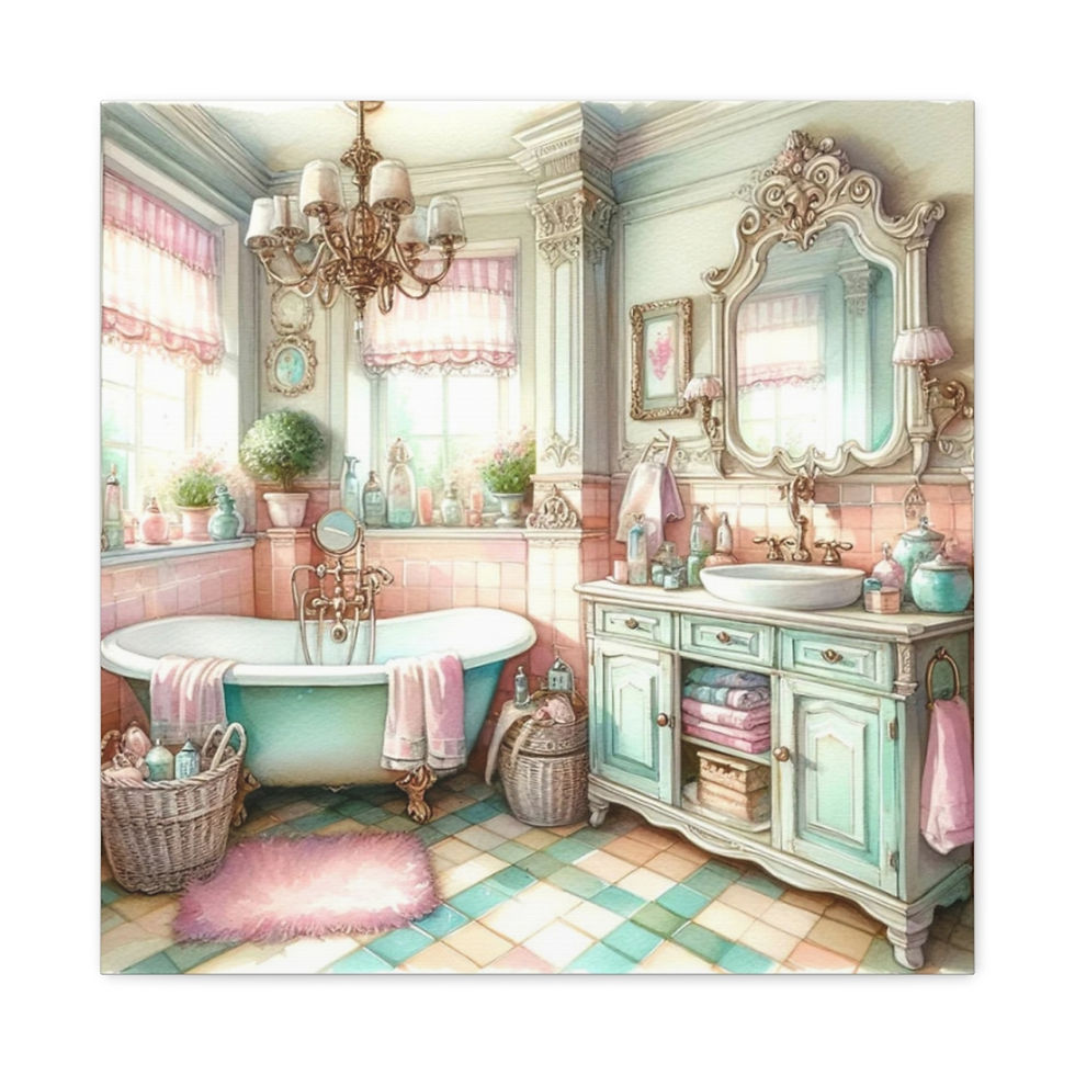 Thumbnail: Shabby French Bathroom Canvas Art Clawfoot Tub Pink and Green Watercolor Print