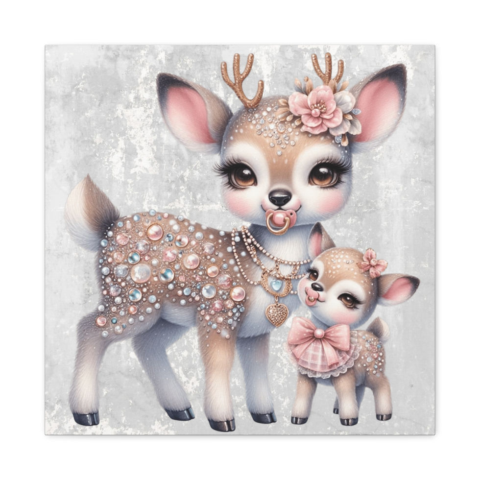 Thumbnail: Artistic Nursery Decor Canvas Art Shabby Jeweled BOHO Mom & Baby Deer Flowers