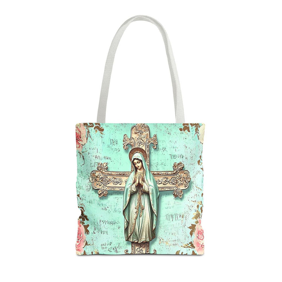 Thumbnail: Shabby Religious Art Tote Bag Vintage Virgin Mary Cross Peaceful Catholic Gift