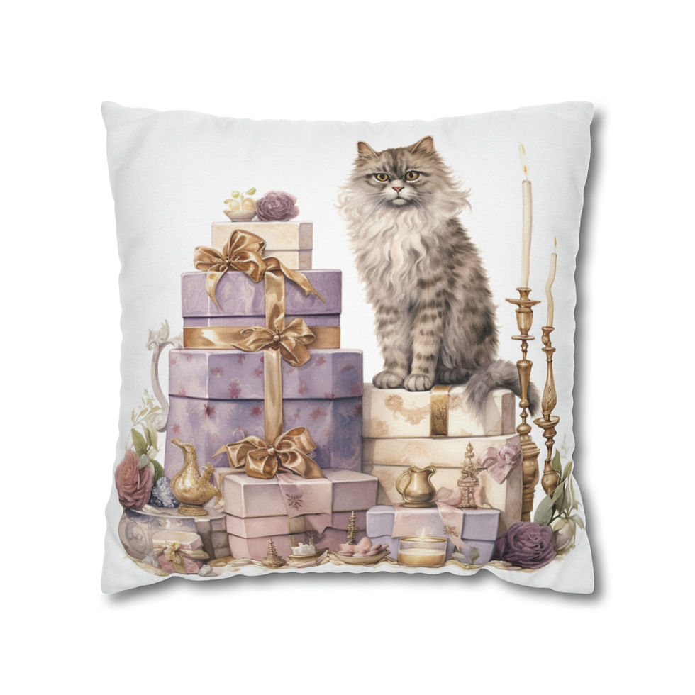 Thumbnail: Shabby Cat Christmas Throw Pillow cover Purple Victorian Kitty Holiday Decor